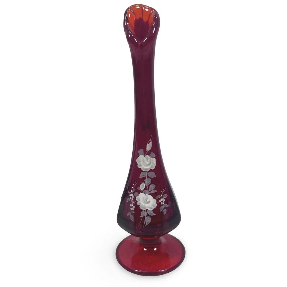 Vintage Fenton Ruby Red Glass Swung Bud Vase Hand Painted White Roses MCM 10in